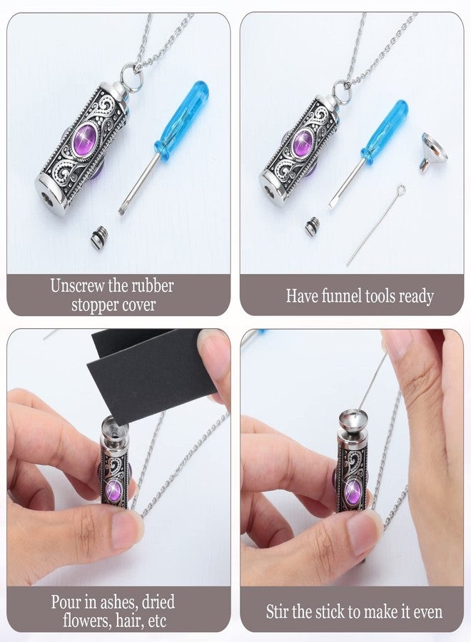 Highergo 8 Pieces Urn Necklace for Ashes Cremation Jewelry Cylinder Crystal Urn Pendant Silver Stainless Steel Memorial Pendant Keepsake with Funnels Ashes Necklace for Women Memory Jewelry - Image 4